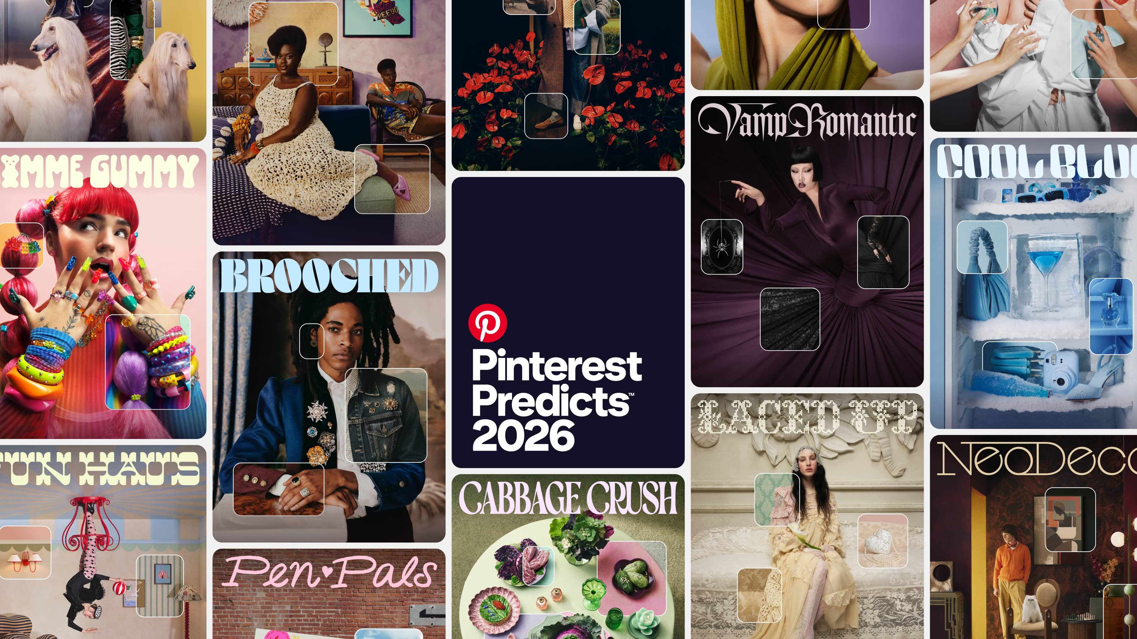 A grid of images representing the 2026 Pinterest Predicts trends, including Brooched, Vamp Romantic, Cabbage Crush and more