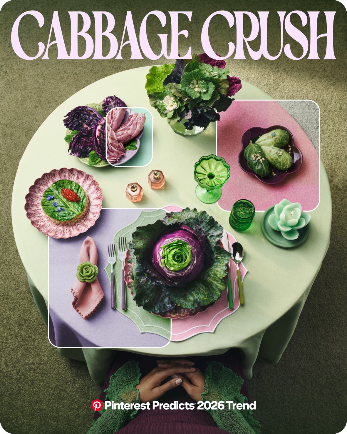 Top view of a green table displaying green and purple cabbage on five different plates with tableware.