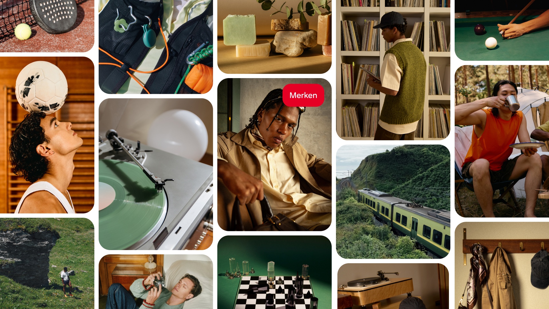 Collage männlicher Interessen: Rückschlagsportarten, Fußball, Billard, Camping, Musik, Körperpflege, Mode, Schach, Reisen und Outdoor-Hobbys.
