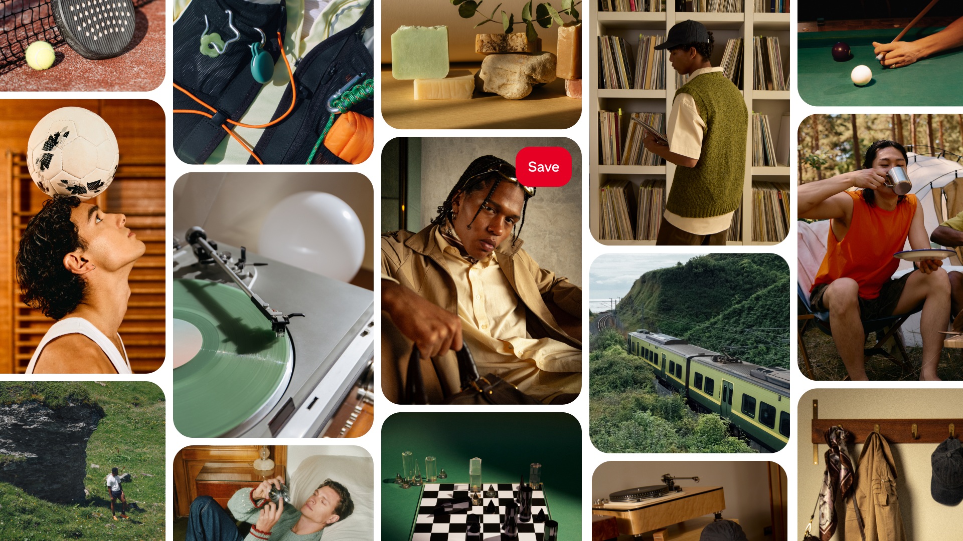 Collage of men’s interests: racket sports, soccer, pool, camping, music, grooming, fashion, chess, travel and outdoor hobbies.