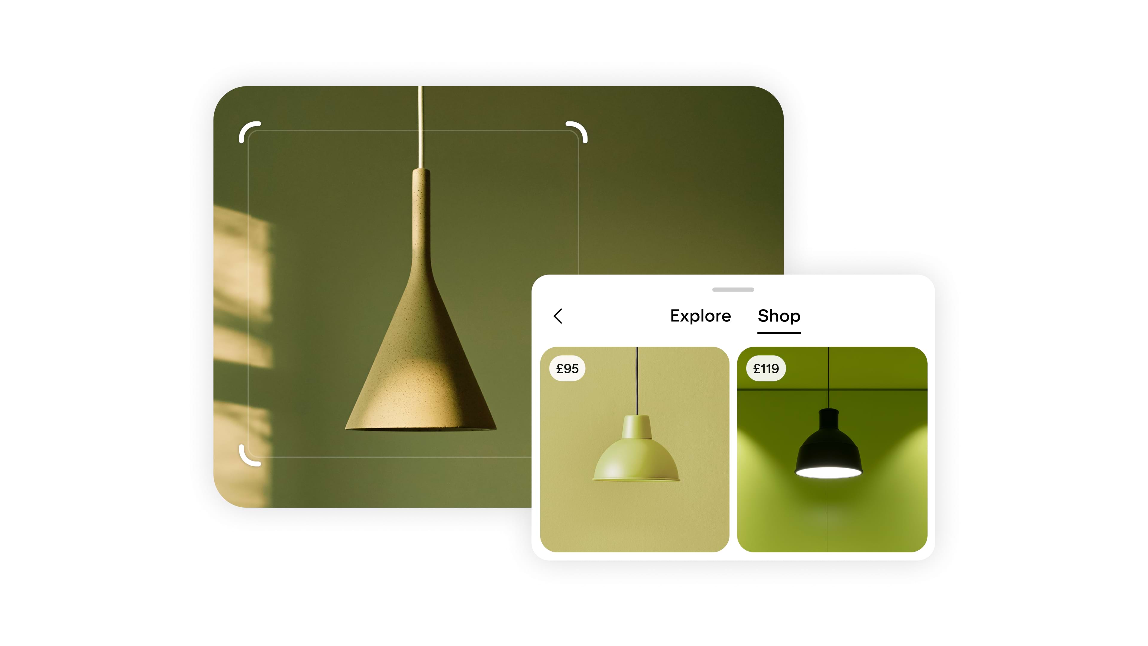 Minimalist pendant lamp and interface showing similar lighting options.