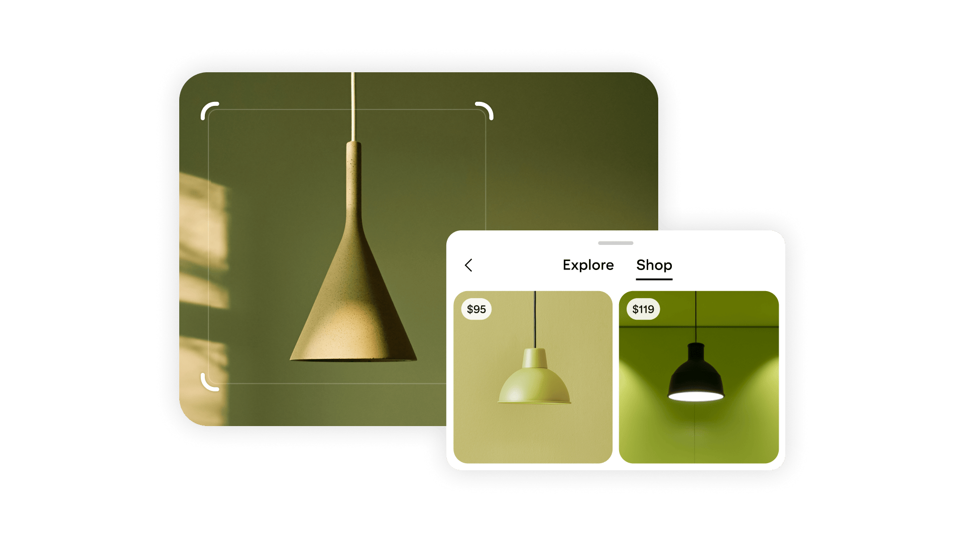 Minimalist pendant lamp and interface showing similar lighting options.