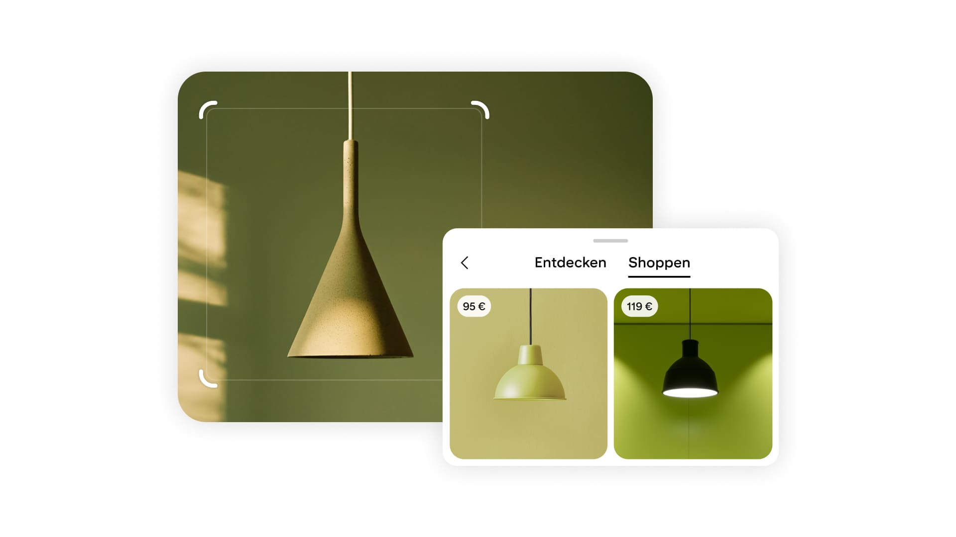 Minimalistische Pendelleuchte und Interface mit ähnlichen Lampenoptionen.