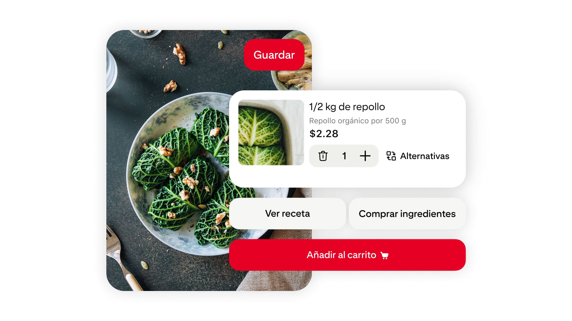 Interfaz de recetas con un plato de rollos de col y una tarjeta de ingrediente para 500 gramos de col.