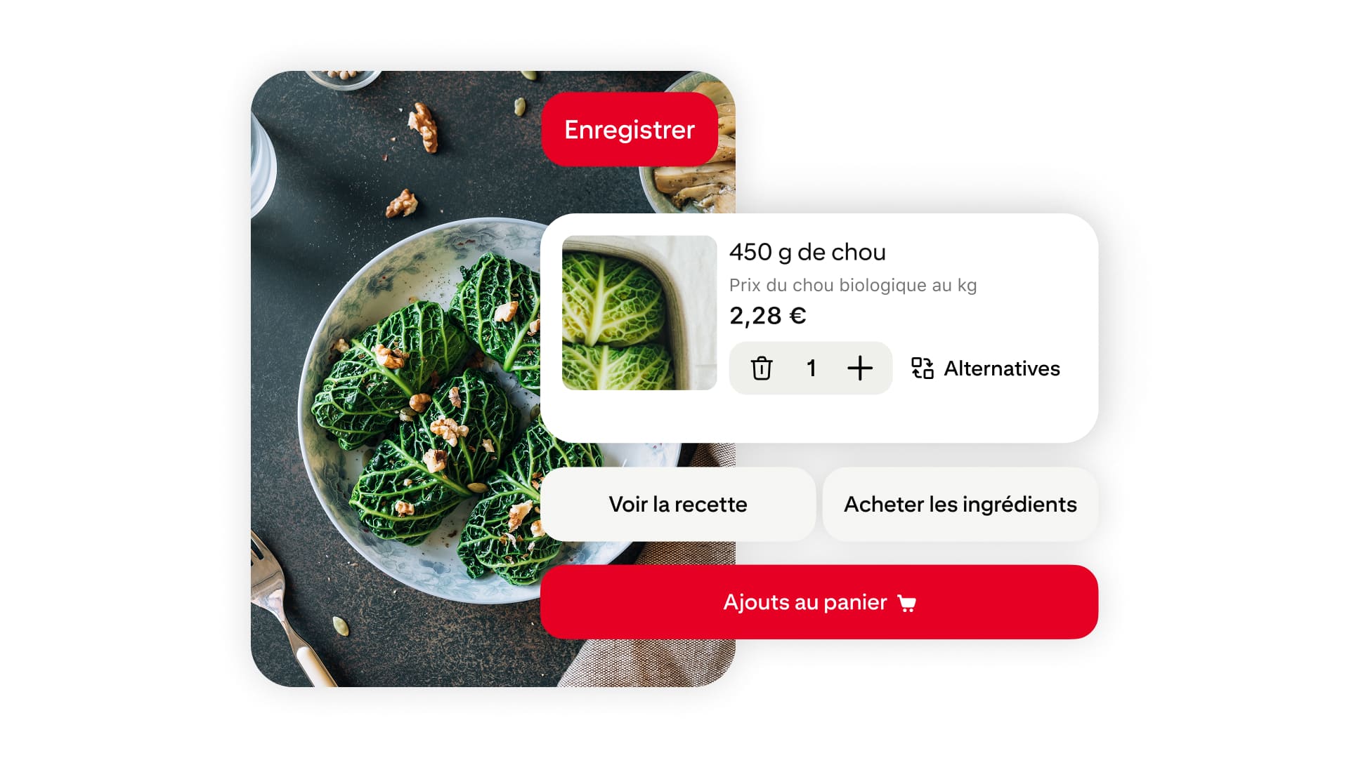 Une interface de recette affichant un bol de rouleaux de chou accompagnée d’une fiche ingrédient indiquant 450 g de chou.