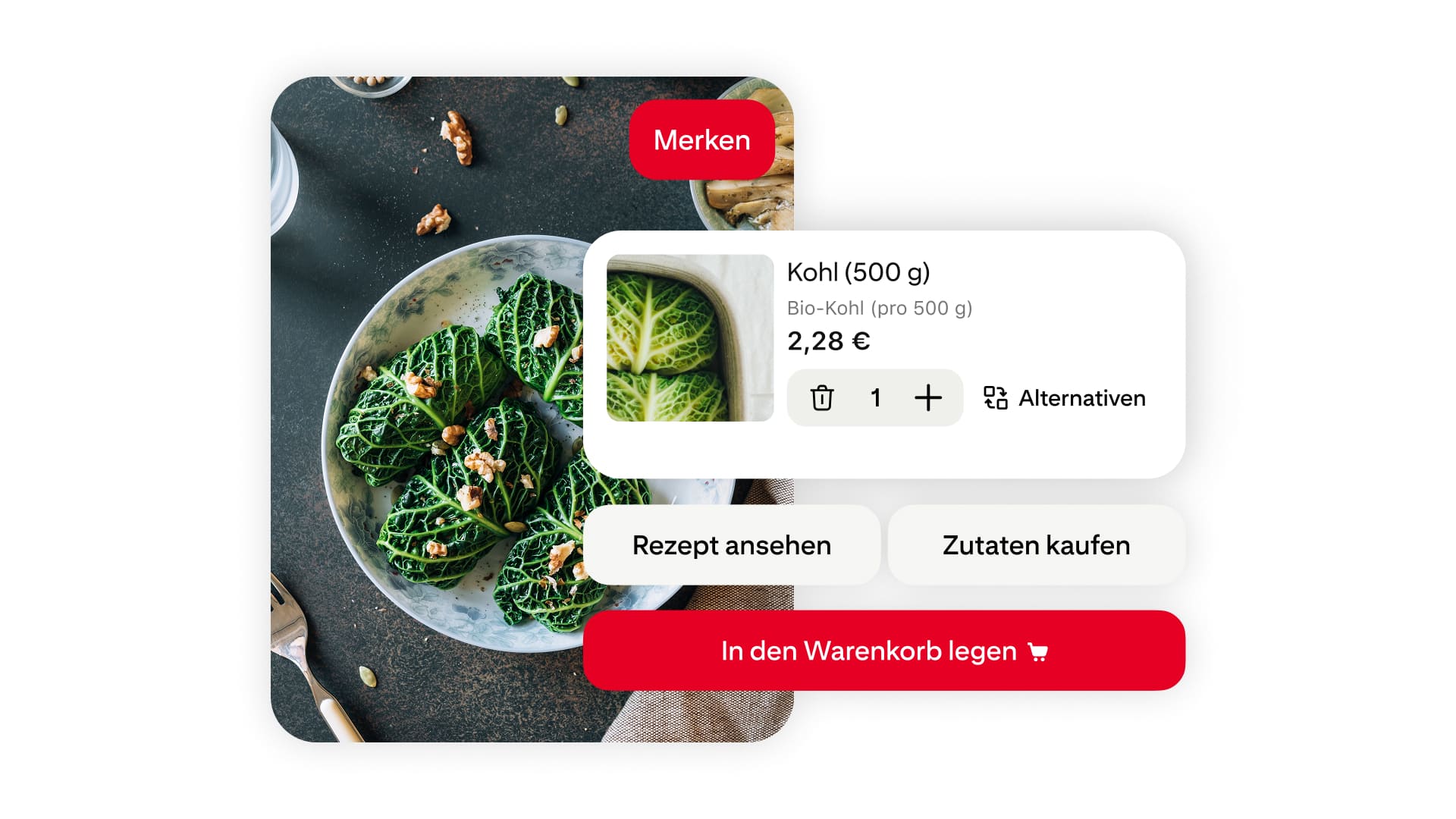 Ein Rezept-Interface, das eine Schüssel Kohlrouladen und eine Zutatenansicht für 500 g Kohl mit Kaufoption zeigt.