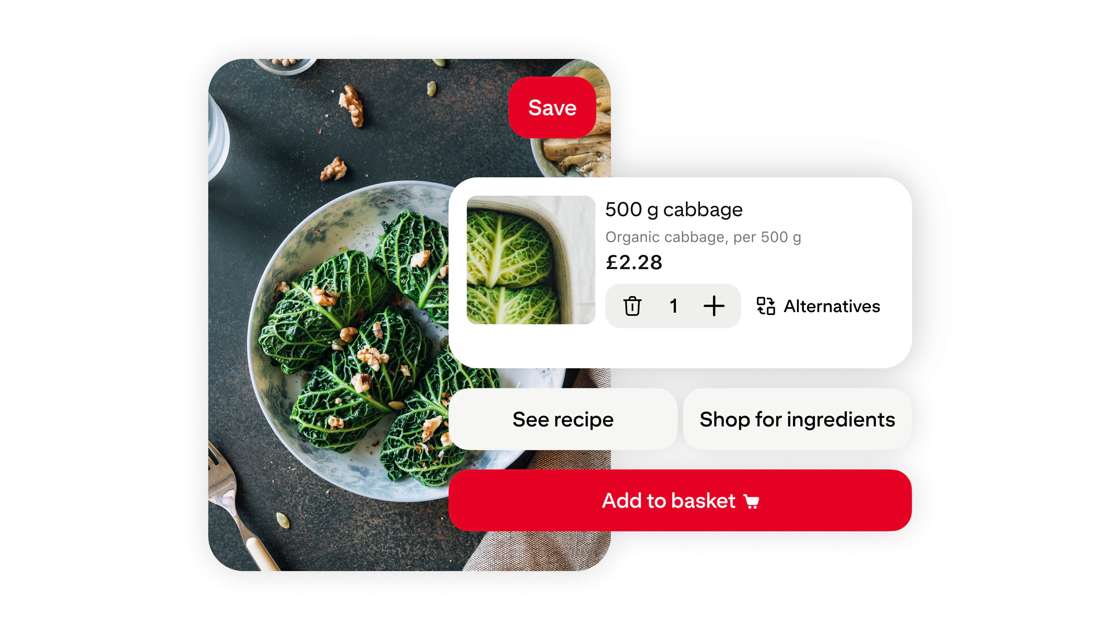 A recipe interface displaying a bowl of cabbage rolls with an ingredient card for 1 lb of cabbage.