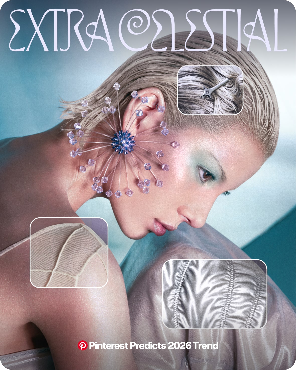 Side profile of a person wearing a sparkly, dramatic earring with gems attached by thin metal strands.