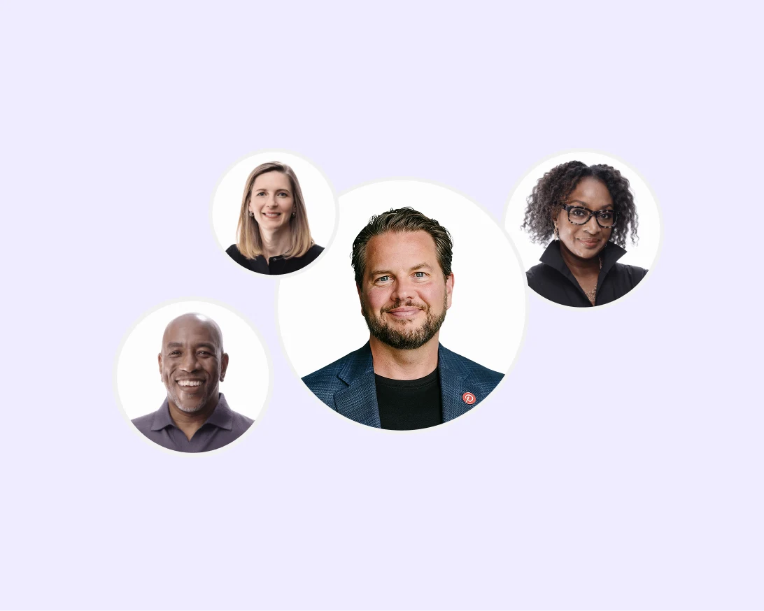 Headshots of Pinterest's leadership team are arranged in bubbles on a pastel purple background