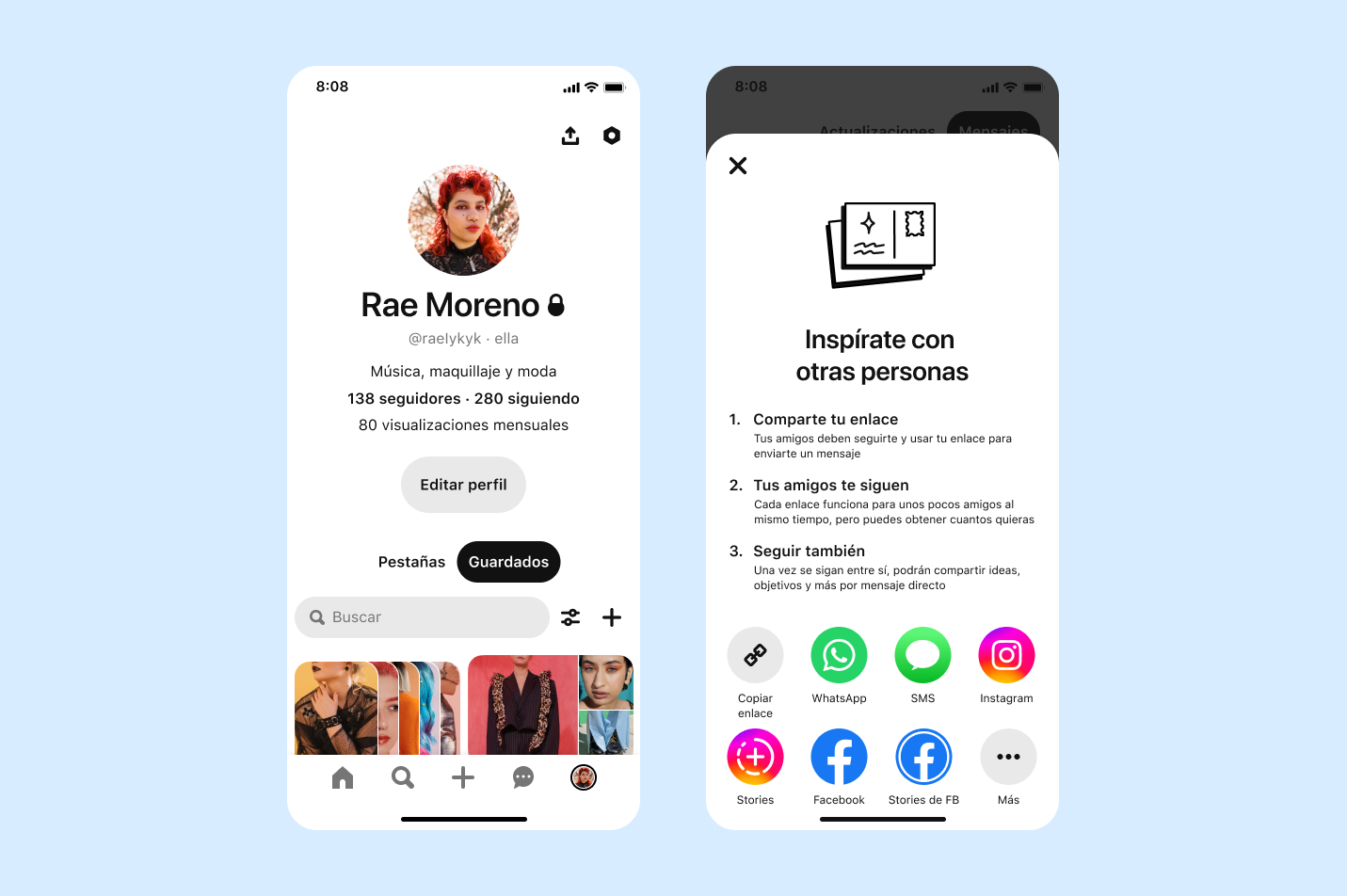 Capturas de pantalla de un perfil de Pinterest en el que se muestran nuevas opciones de privacidad para adolescentes