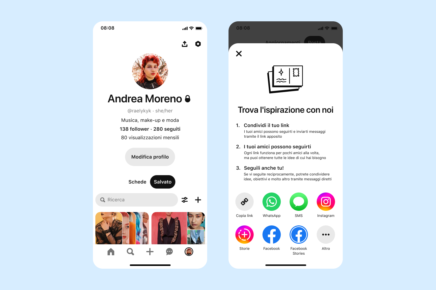 Screenshot di un profilo Pinterest che mostra nuove opzioni sulla privacy per gli adolescenti