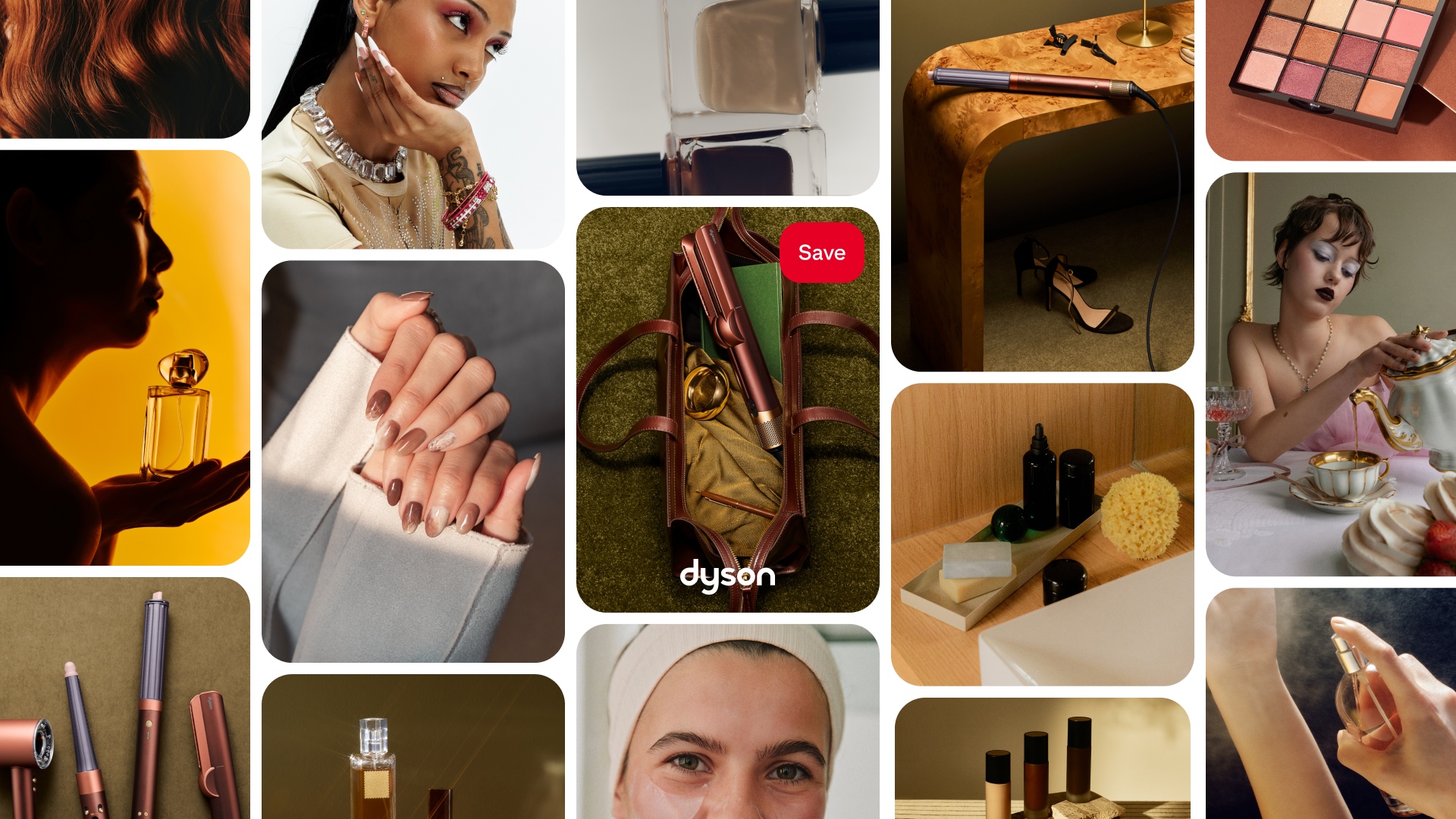 Ein von Pinterest inspiriertes Raster-Collage-Layout mit Beauty-Bildern zu Haaren, Nägeln, Düften, Make-up, Hautpflege und Styling-Tools. Ein zentraler Pin zeigt ein Dyson-Haarstyling-Tool in einer braunen Handtasche.