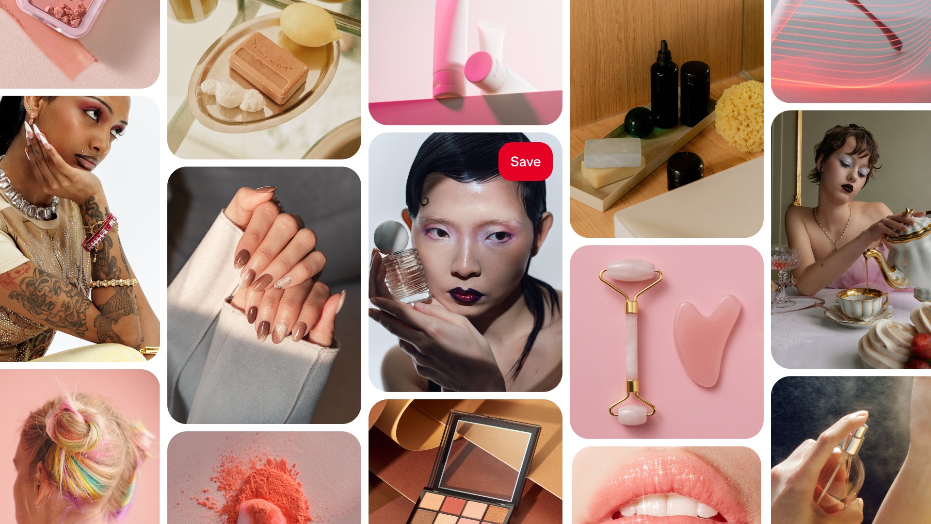 Un collage inspiré de Pinterest présentant du maquillage, des ongles, des outils de soins de la peau, du parfum, de la coloration capillaire, des produits pour le bain et des portraits beauté. Au centre un mannequin tenant un flacon de parfum. 