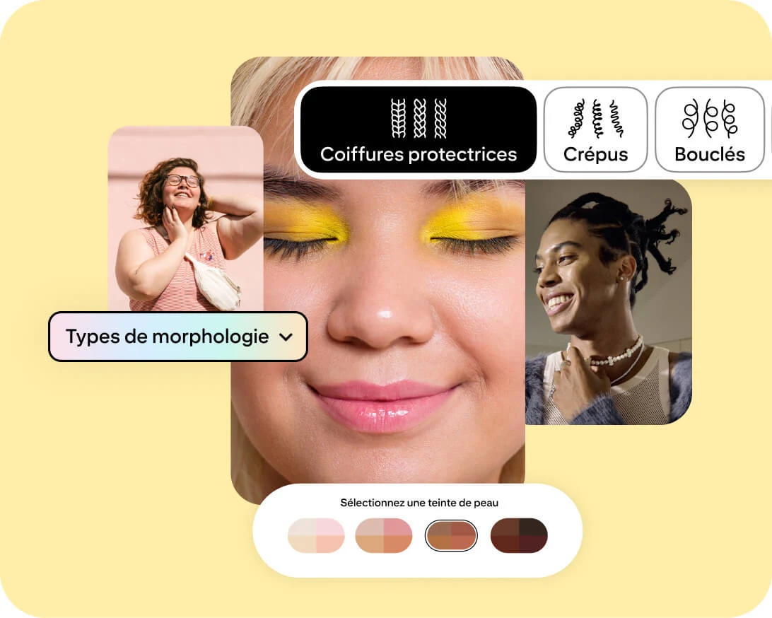 Trois photos de femmes, accompagnées de graphiques pour un menu déroulant « Types de morphologies », un sélecteur de teintes de peau et différentes options de type de cheveux. 