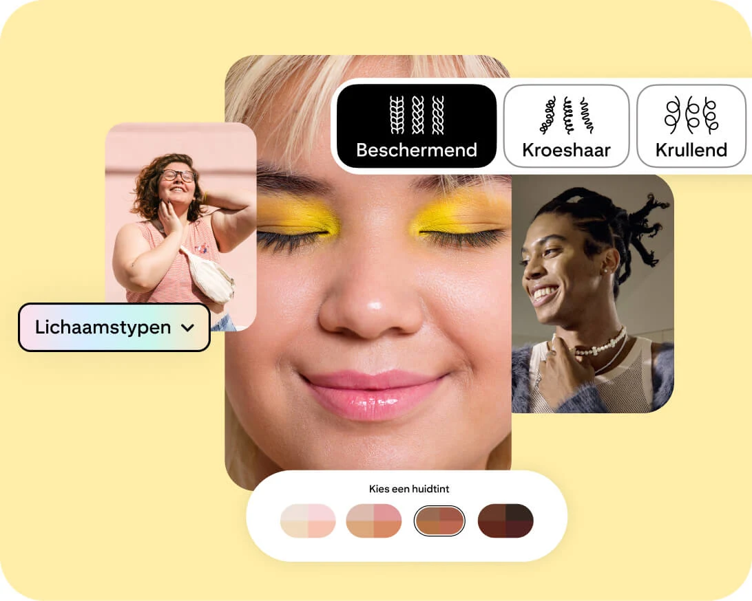 Drie foto's van vrouwen, samen met afbeeldingen voor een vervolgkeuzemenu 'lichaamstypen', een huidtintkiezer en verschillende opties voor haarstijl. 