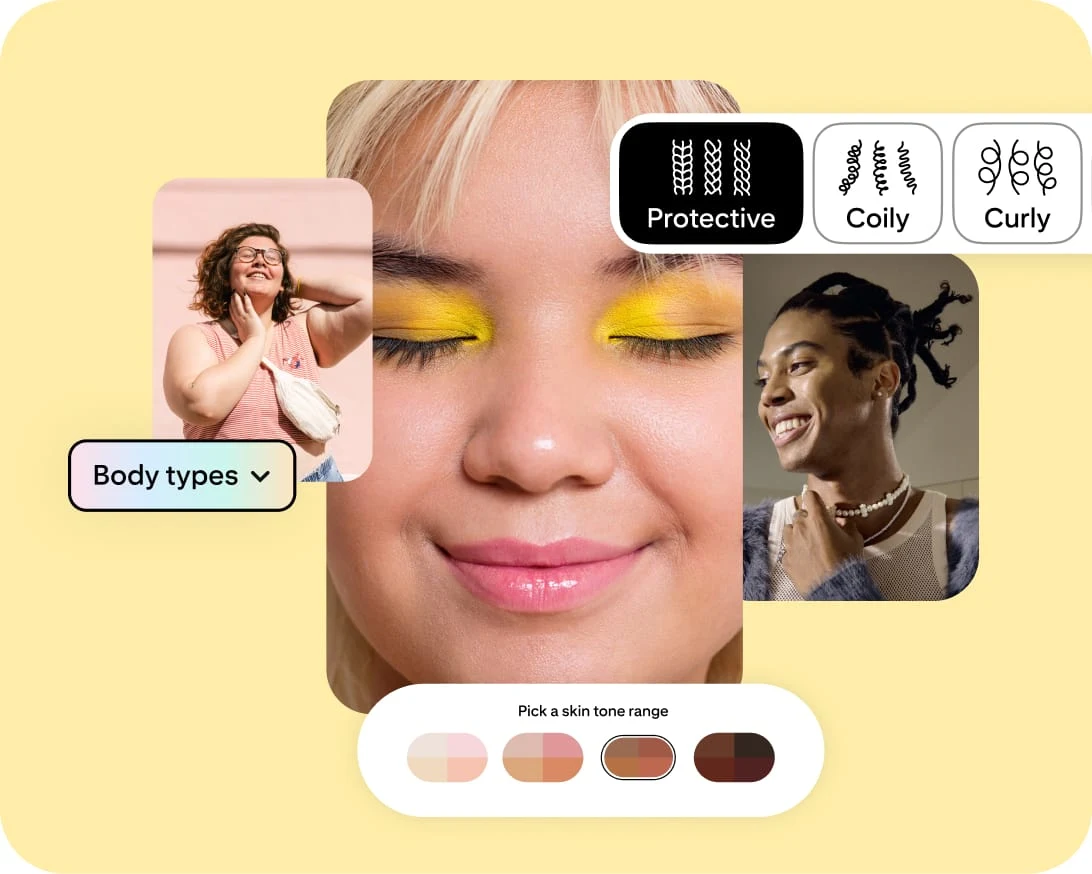 Three photos of women, along with graphics for a “Body types” drop-down menu, a skin tone picker, and  different options for hair type. 