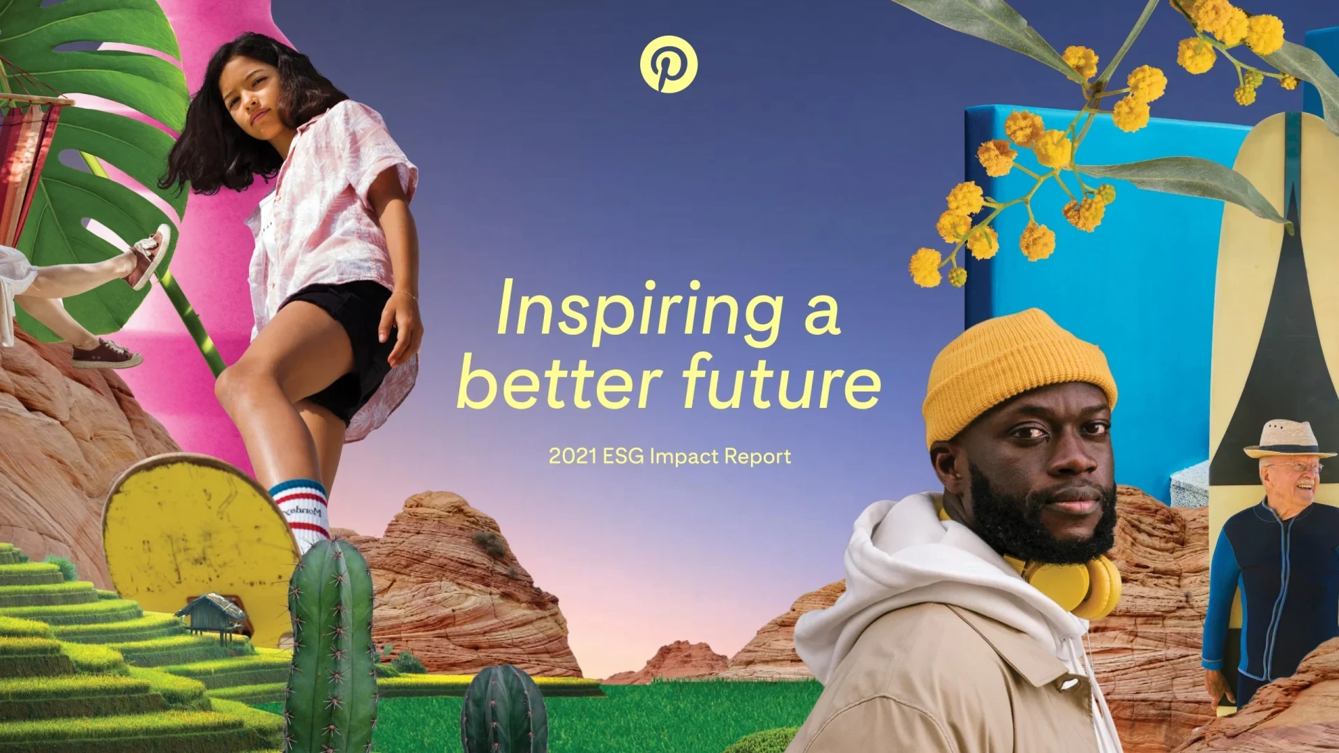 Pinterest にインスパイアされた画像のカラフルなコラージュの中心に、「Inspiring a better future」という言葉が表示されています