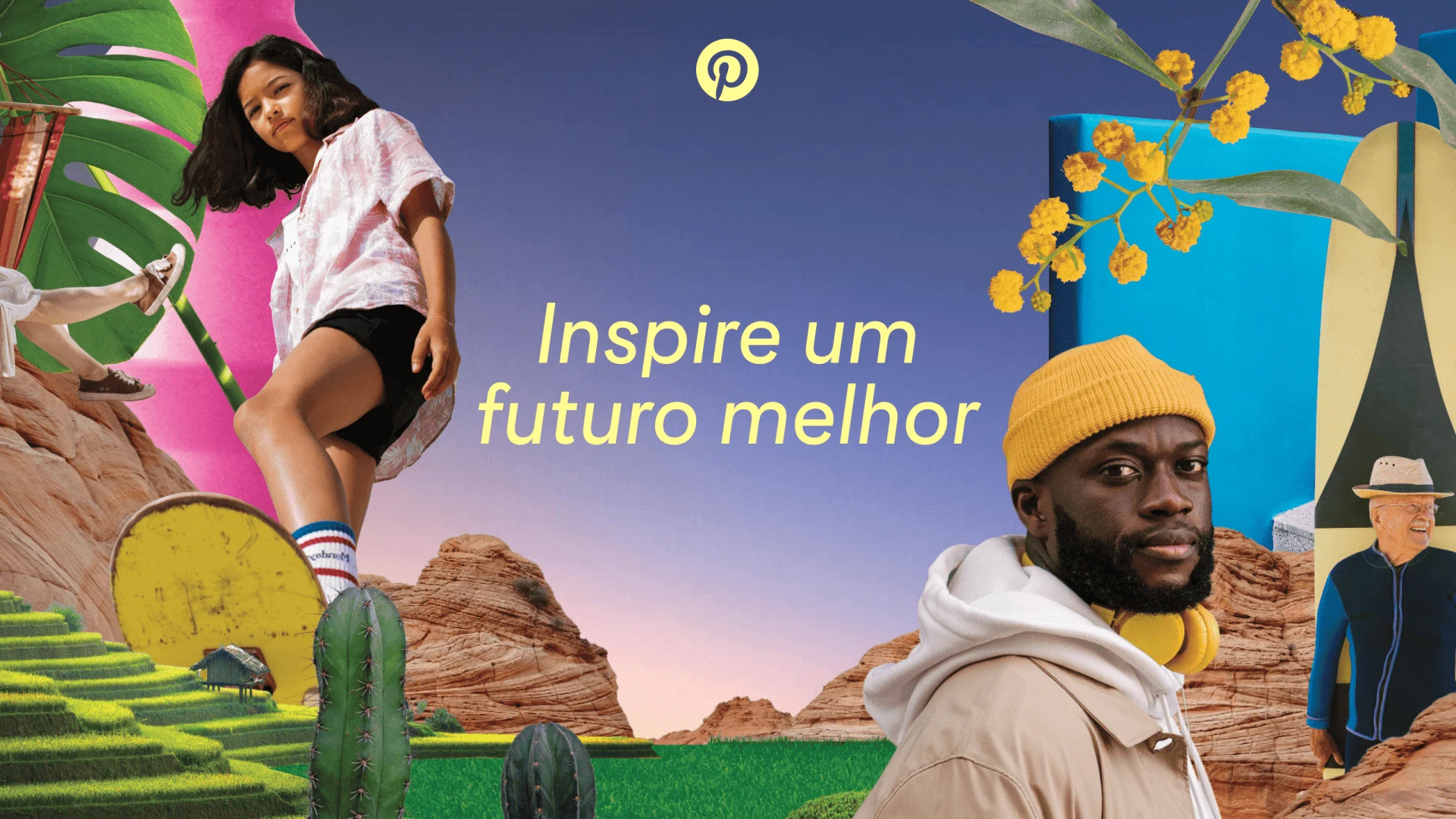 Uma colagem colorida de imagens inspiradas no Pinterest em volta da frase "Inspire um futuro melhor"