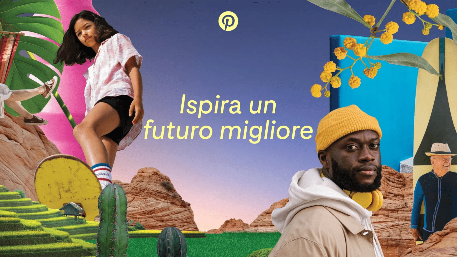 Un collage di immagini colorate ispirate a Pinterest circonda le parole "Ispira un futuro migliore"