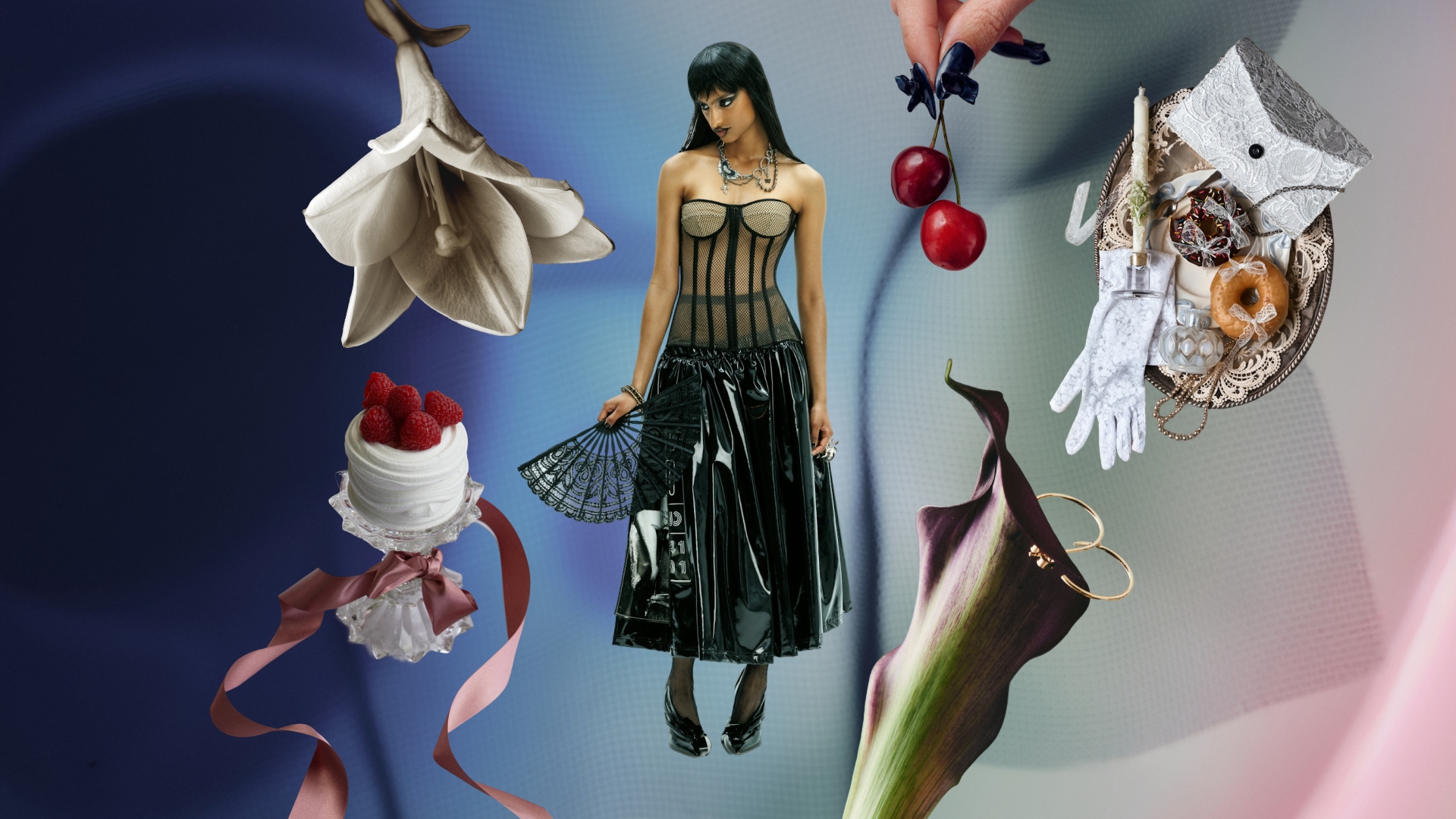 Collage de una novia gótica de la Gen Z, rodeada de recortes de flores y postres.