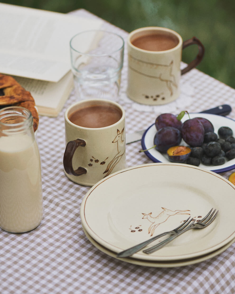 Cosy outdoor picnic with coffee, pastries, fruit, and nature-inspired tableware.