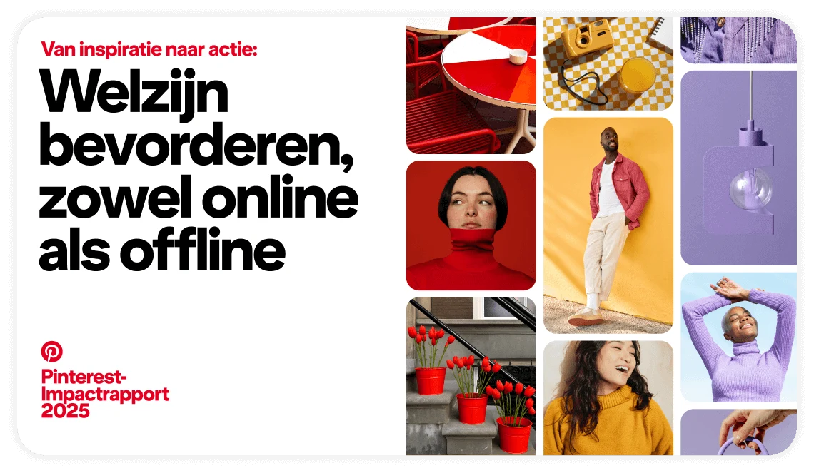 De titeldia van het rapport toont een pinfeed en luidt: 'Van inspiratie naar actie: welzijn bevorderen, zowel online als offline. Pinterest-impactrapport 2025'. 