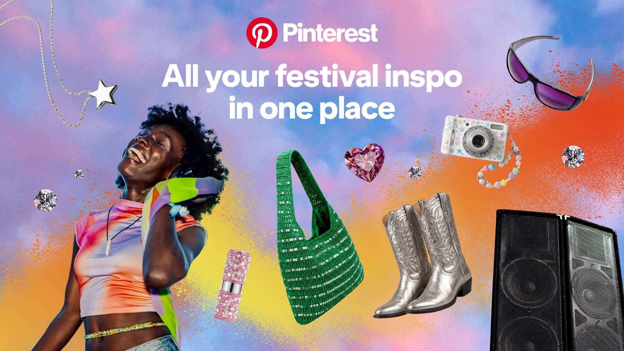 Collage of festival related items, such as cowboy boots, speakers, sunglasses, and a camera, with the Pinterest logo and a tag line that says ‘All your festival inspo in one place’