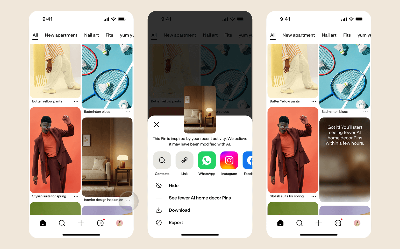 Three images show: a home-related image with details pressed, the details and options that open (learn more about AI labels, hide, see fewer AI home decor images), and the message the user receives after opting to see fewer AI home decor images.