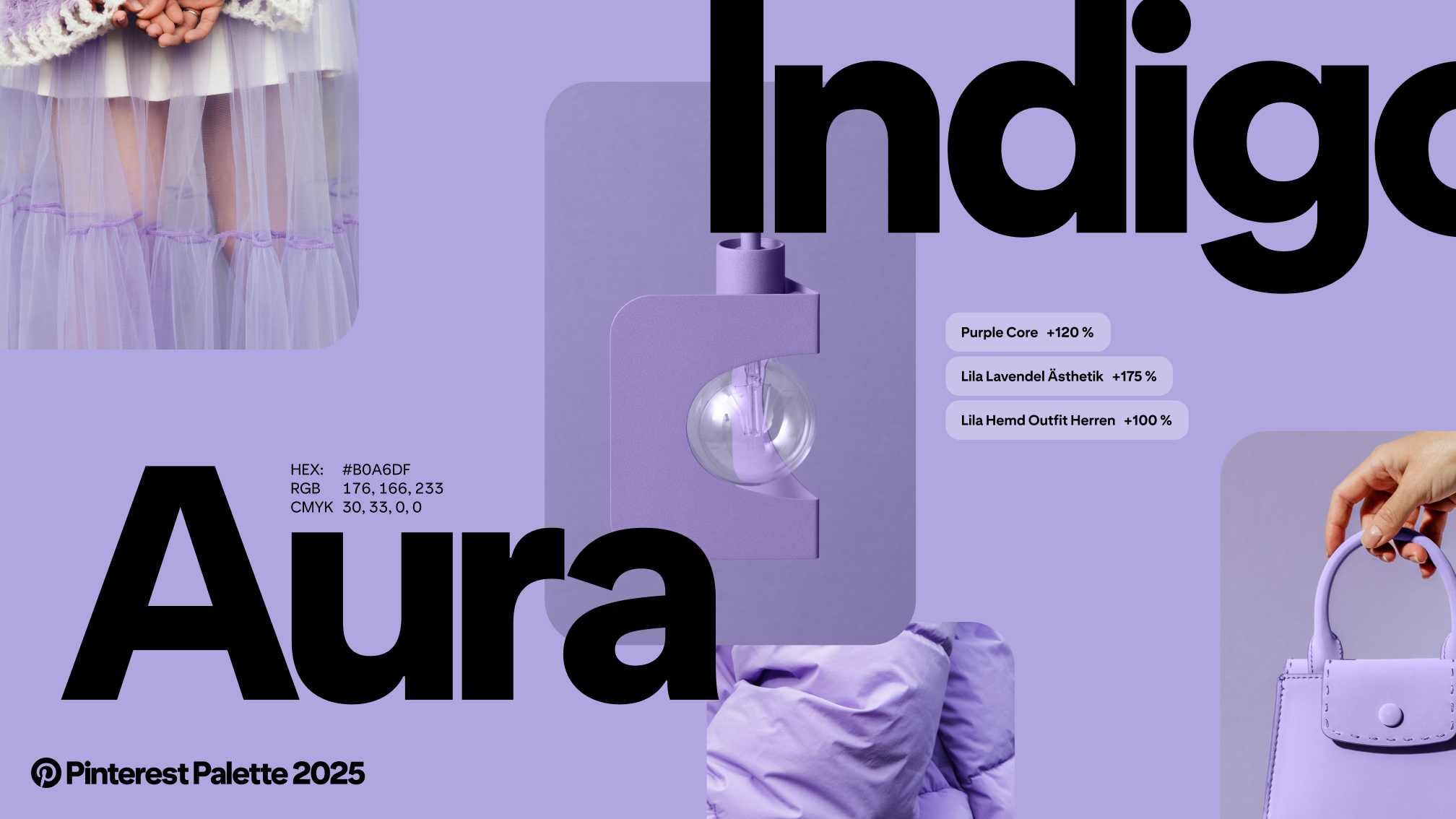 Die Wörter „Aura Indigo“ über hellvioletten Bildern und Pinterest-Suchanfragen