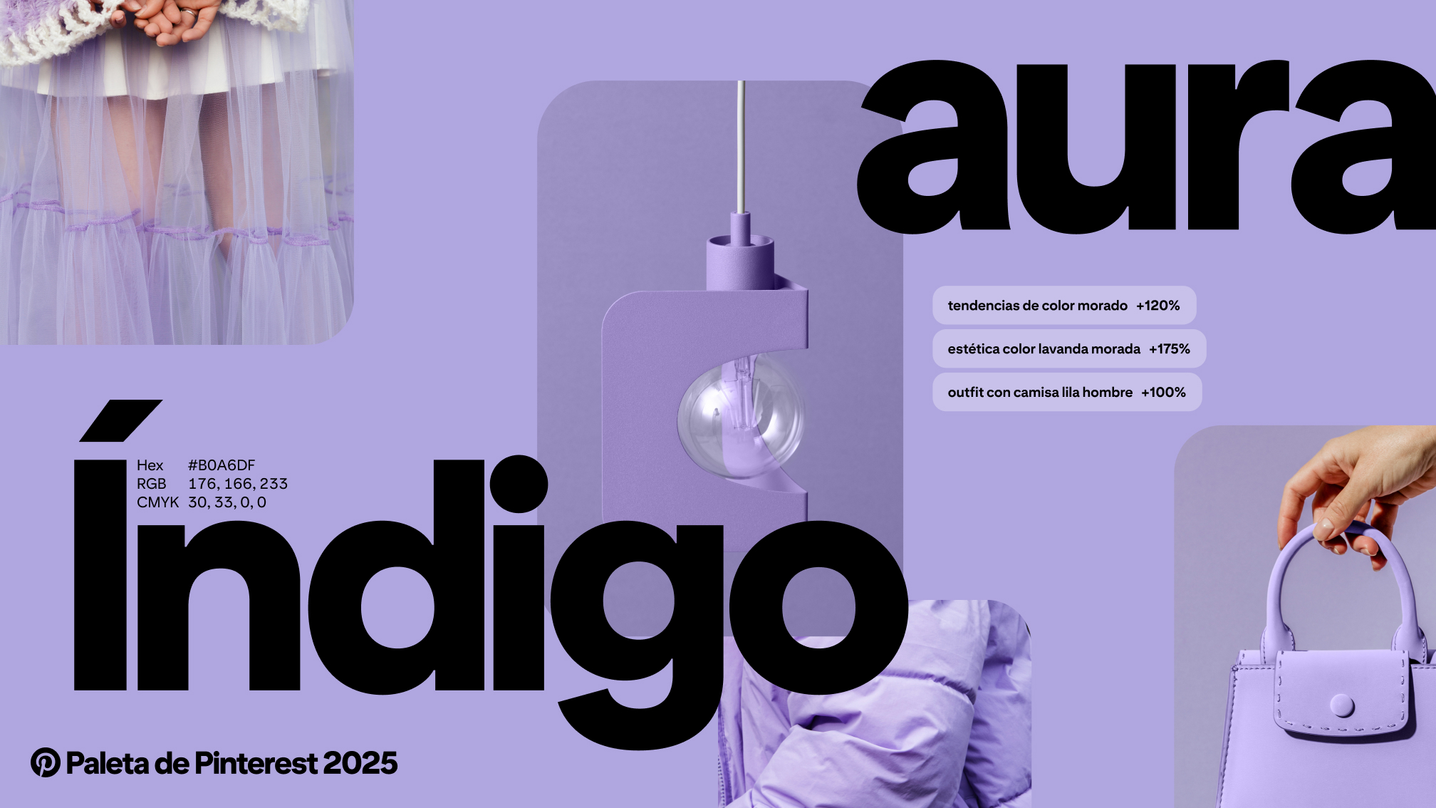 Las palabras “Índigo aura” aparecen sobre imágenes de color y búsquedas de Pinterest de color púrpura claro.