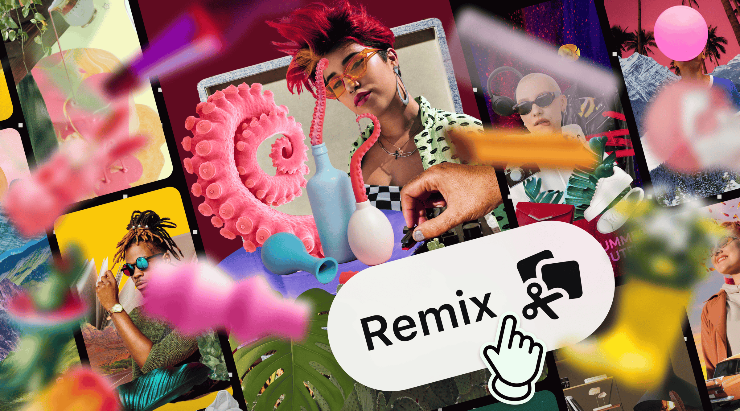 A colorful collage of Pinterest Pins with a button to "remix" the images in the collage