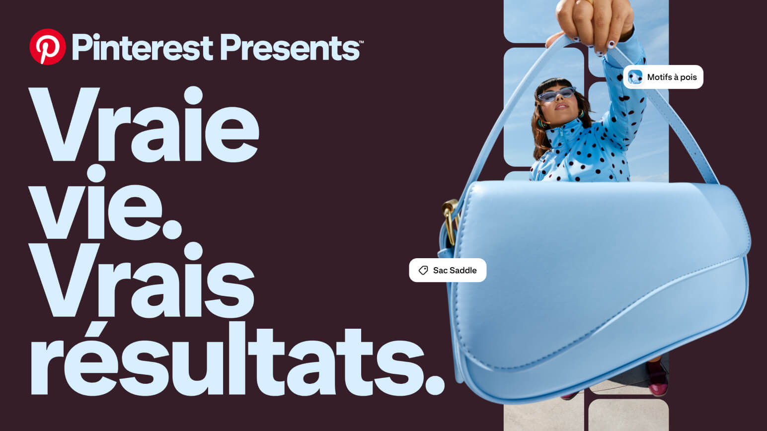 Pinterest Presents : Vraie vie. Vrais résultats. Femme avec un sac à main et des étiquettes de shopping.