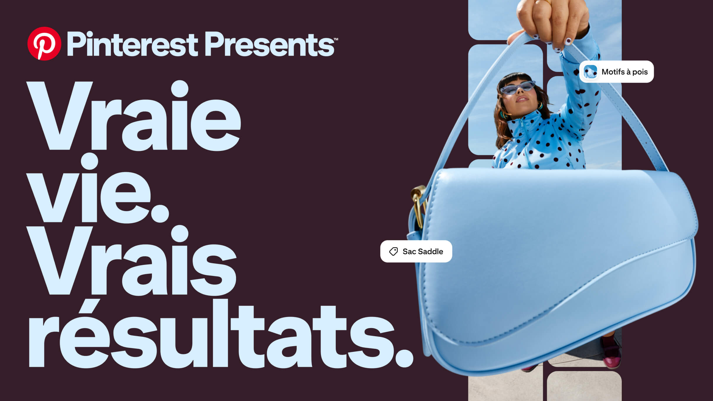 Pinterest Presents : Real Life. Real Results. Image de marque. Femme avec sac à main et étiquettes d’achat.