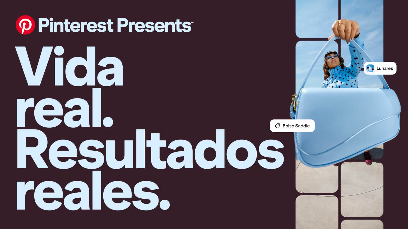 Pinterest Presents: Vida real. Resultados reales. Mujer con bolso y etiquetas de compras.
