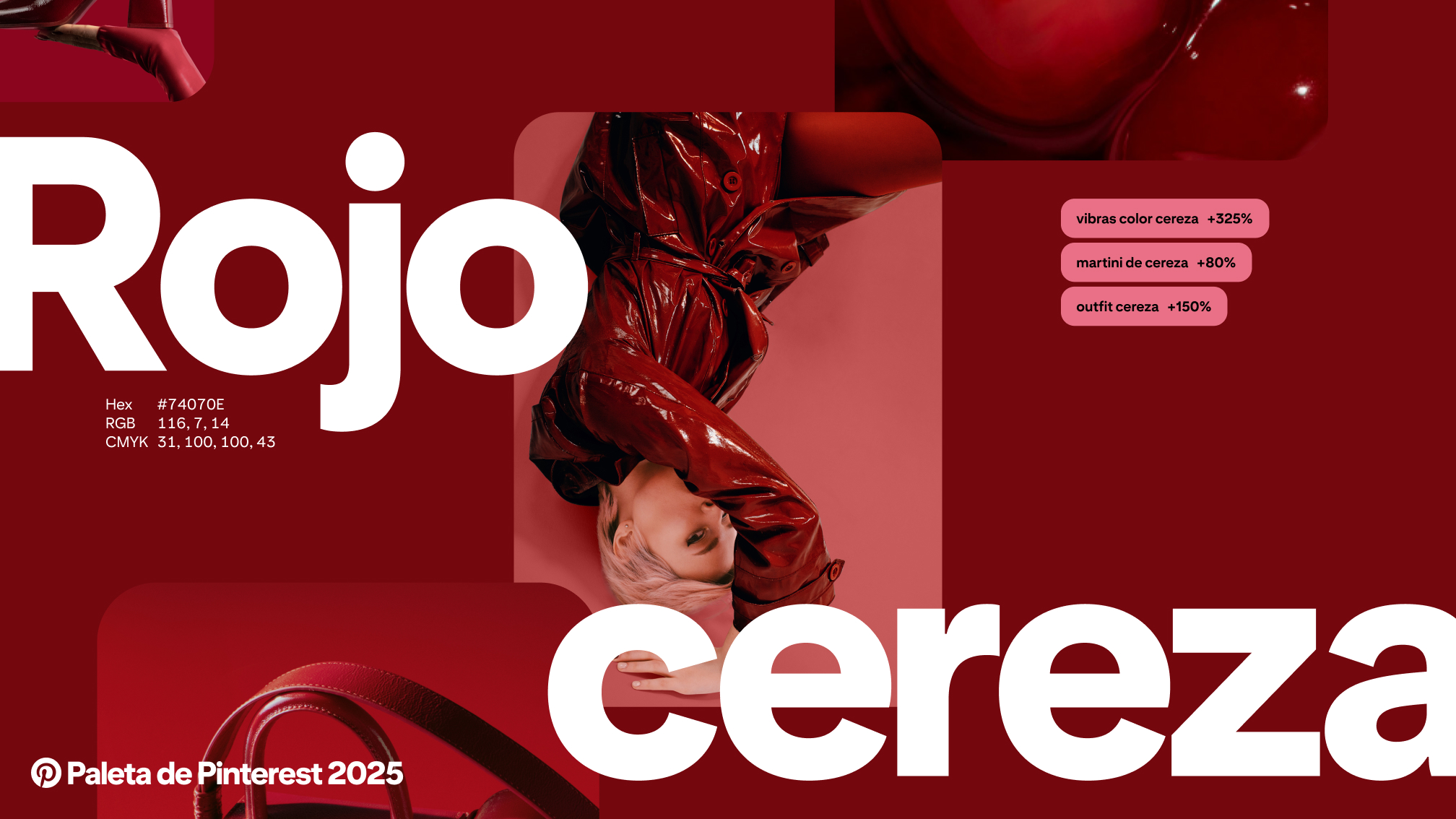 Las palabras “Rojo cereza” aparecen sobre un collage de imágenes y búsquedas de Pinterest de color rojo oscuro.