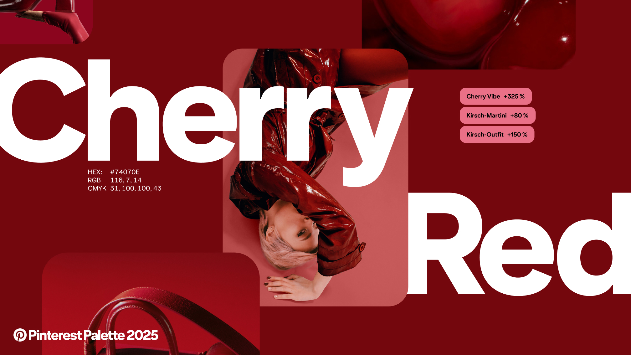 Die Wörter „Cherry Red“ über einer Collage aus dunkelroten Bildern und Pinterest-Suchanfragen
