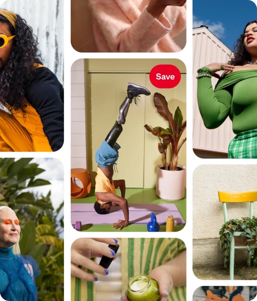 A grid of Pinterest Pins shows people living a creative life