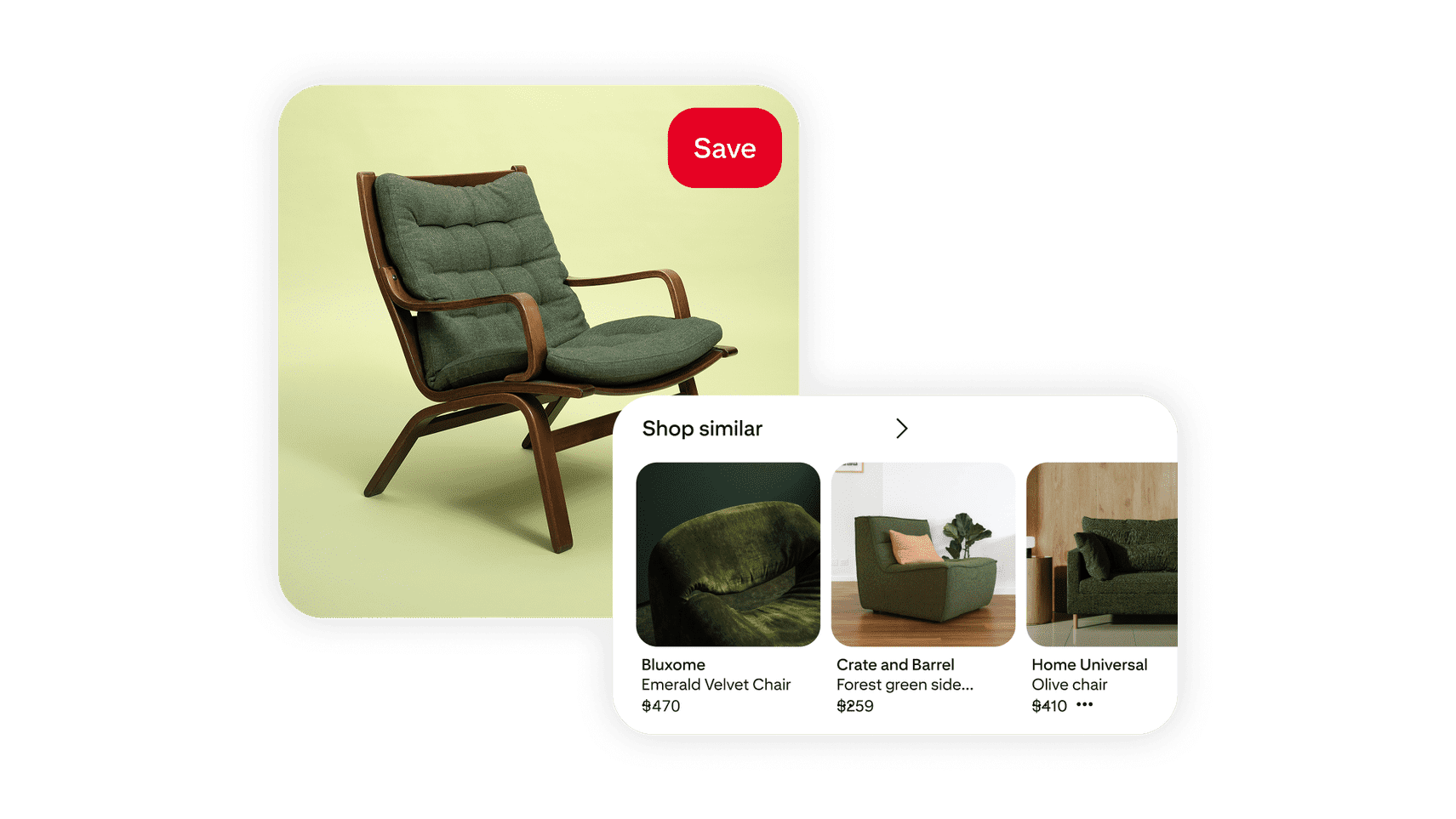 A green cushioned lounge chair with wooden arms is displayed, along with suggestions for similar chairs in various styles and prices