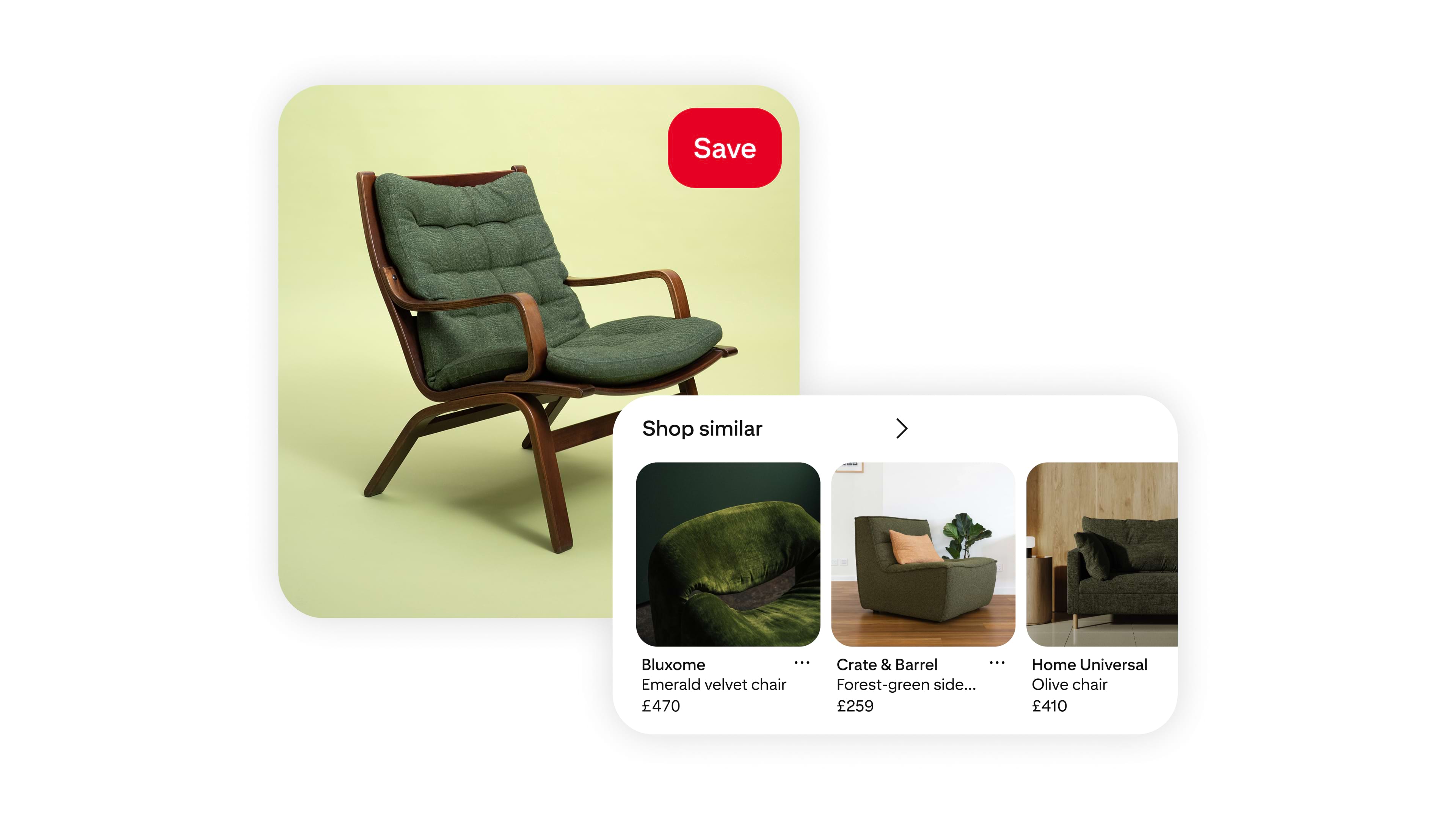 A green cushioned lounge chair with wooden arms is displayed, along with suggestions for similar chairs in various styles and prices
