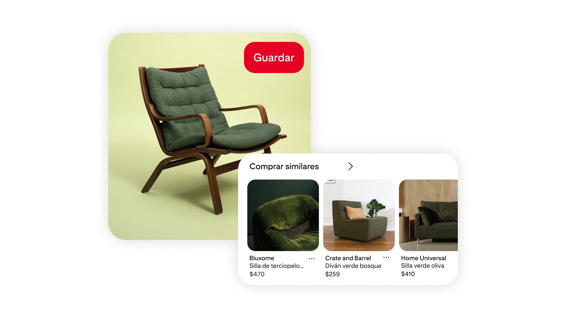 Una silla lounge verde con cojines y brazos de madera, junto con sugerencias de sillas similares en distintos estilos y precios.