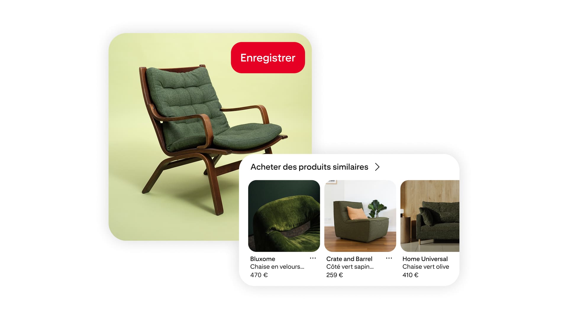 Un fauteuil lounge à coussins verts avec accoudoirs en bois est présenté, accompagné de suggestions de fauteuils similaires dans différents styles et à différents prix.
