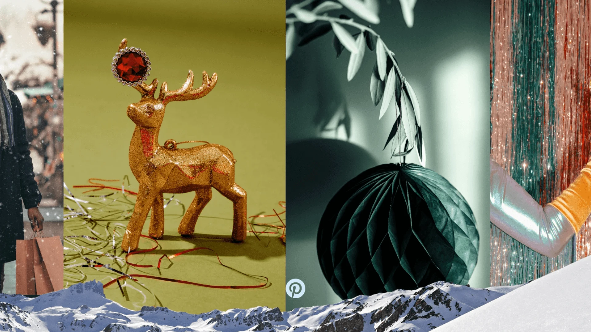  A collection of holiday-inspired images, including a golden reindeer figurine and a green ornament decoration