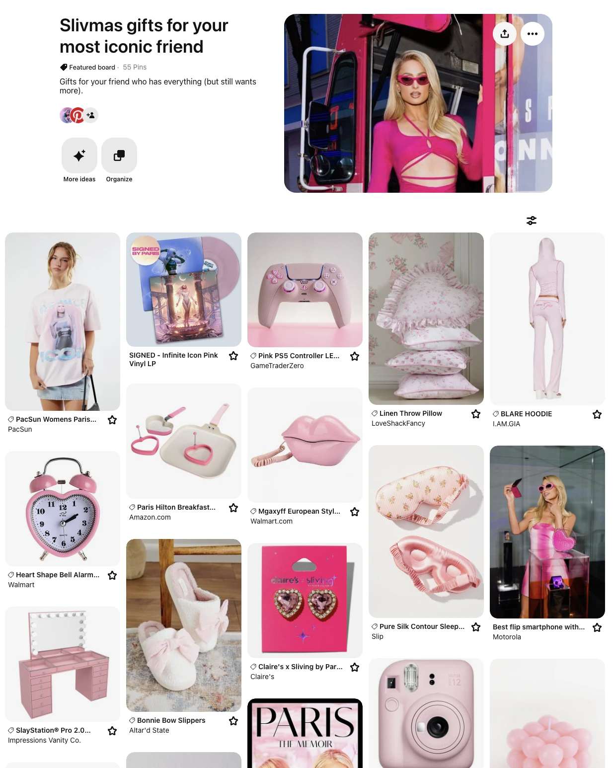 A screenshot of Paris Hilton's holiday gift guide on Pinterest, including pink clothing, home decor and accessories.