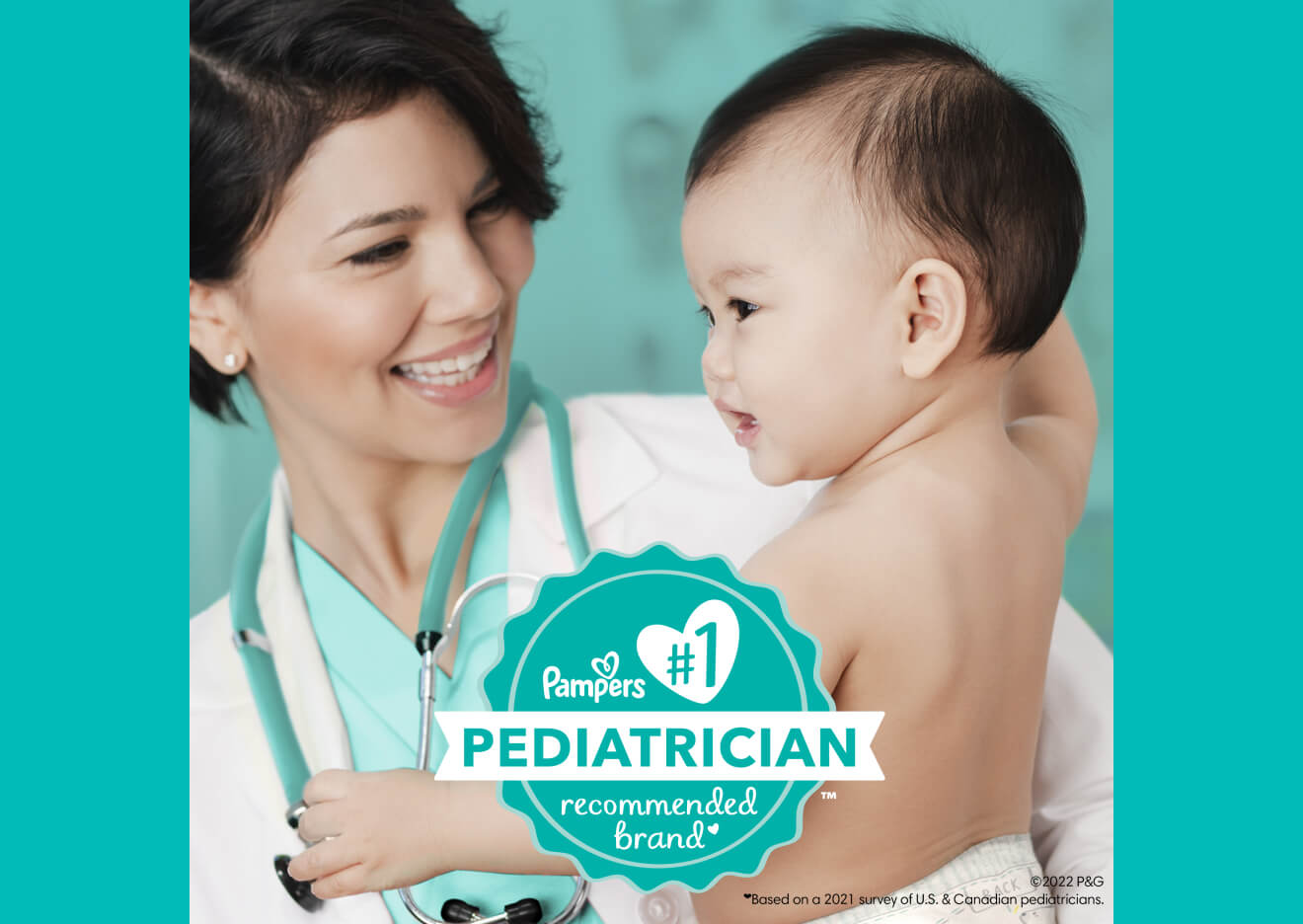 La imagen muestra a un pediatra sosteniendo a un bebé para enfatizar que Swaddlers es el pañal número 1 recomendado por los pediatras.