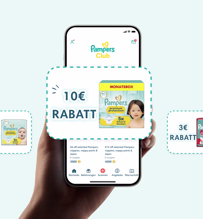 Pampers Club, Pampers Club App auf einem Telefon mit verschiedenen Pampers-Produkten und Angeboten