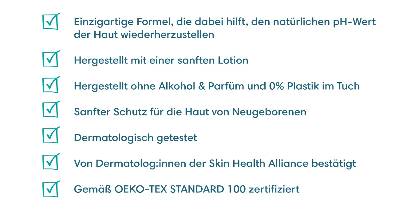 Einzigartige Formel, die dabei hilft, den natürlichen pH-Wert der Haut wiederherzustellen, Hergestellt mit einer sanften Lotion, Hergestellt ohne Alkohol & Parfüm und 0% Plastik im Tuch, Sanfter Schutz für die Haut von Neugeborenen, Dermatologisch getestet, Von Dermatolog:innen der Skin Health Alliance bestätigt, Gemäß OEKO-TEX STANDARD 100 zertifiziert