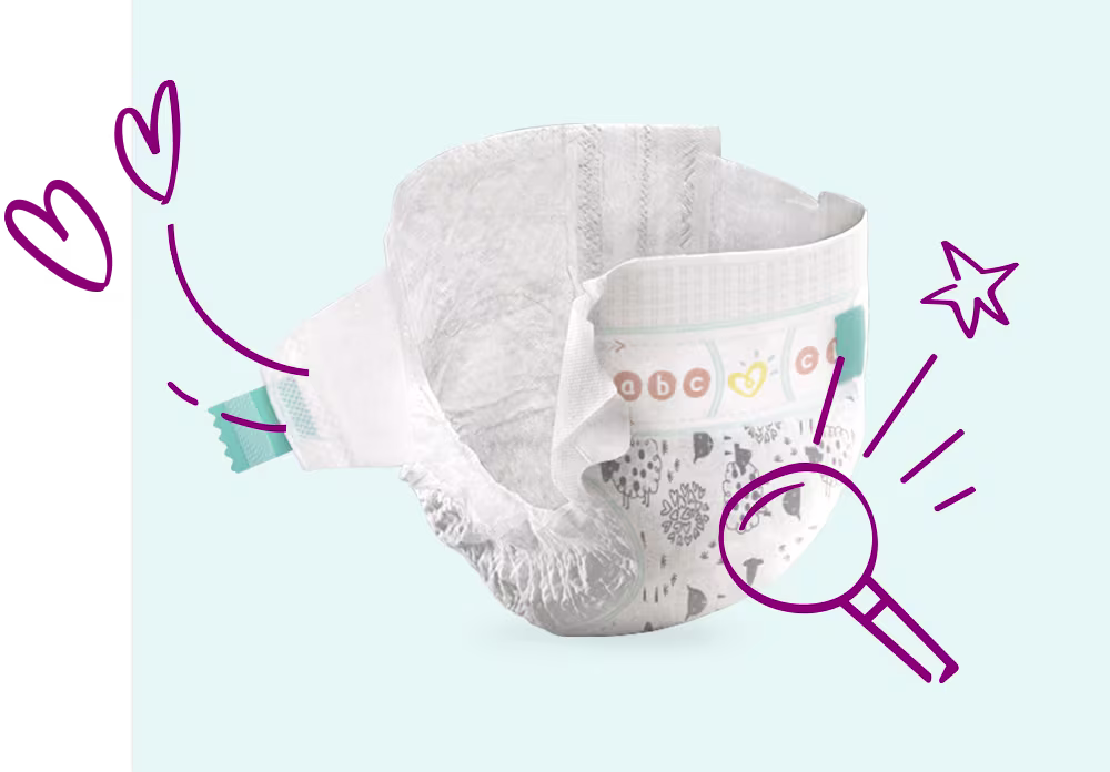 Vue complète de nos couches Pampers Cruisers et de ses composants distincts :  voile avant et arrière, cœur absorbant, attaches extensibles, indicateur d'humidité. 