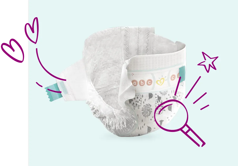 Vue complète de nos couches Pampers Cruisers et de ses composants distincts :  voile avant et arrière, cœur absorbant, attaches extensibles, indicateur d'humidité. 