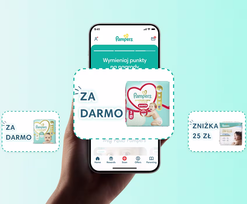 Ręka trzymająca telefon z ekranem głównym aplikacji Pampers Club