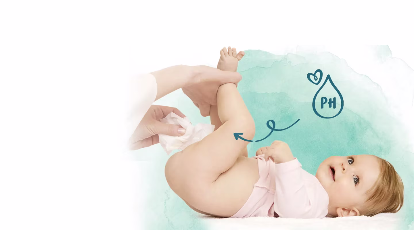 En baby ligger på ryggen mens en person tørker babyens rumpe med en våtserviett.